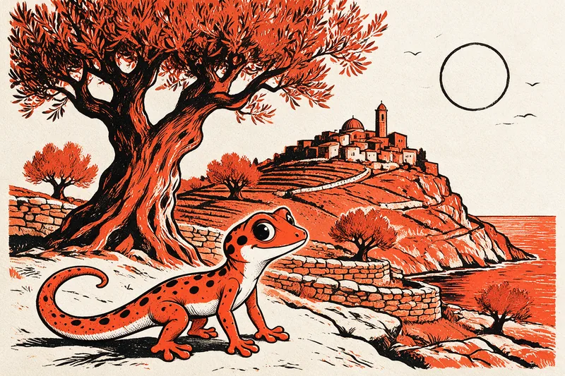 Le Gecko devant un vieil olivier noueux au-dessus de terrasses de pierre, un village perché avec un dôme et un clocher, la mer et un grand soleil orange, dessinés à l’encre noire et orange.