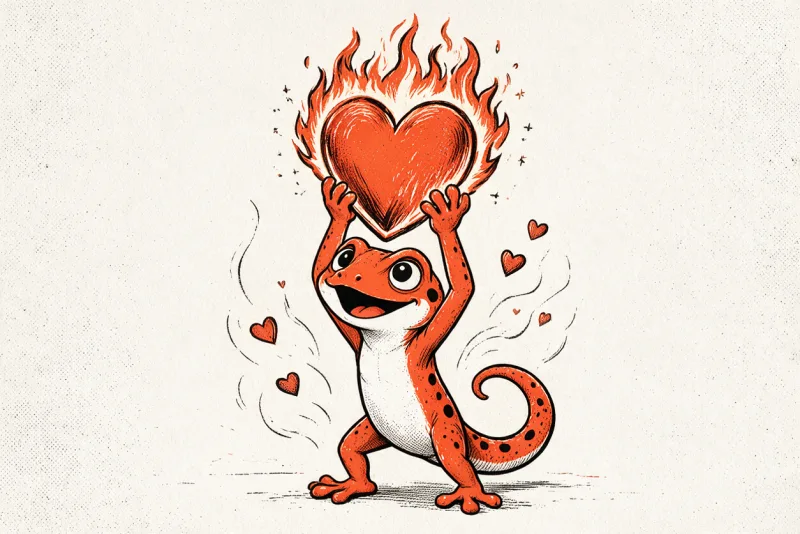 Un gecko orange tacheté de noir tient au-dessus de sa tête un grand cœur en flammes, entouré de petits cœurs flottants et de volutes de chaleur, dessiné à l’encre noire et orange sur papier ivoire.