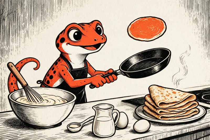 Le Gecko fait sauter une crêpe au-dessus d'une poêle, près d'un bol de pâte, d'un fouet, d'une carafe de lait et d'une pile de crêpes, dessinés à l'encre noire et orange.