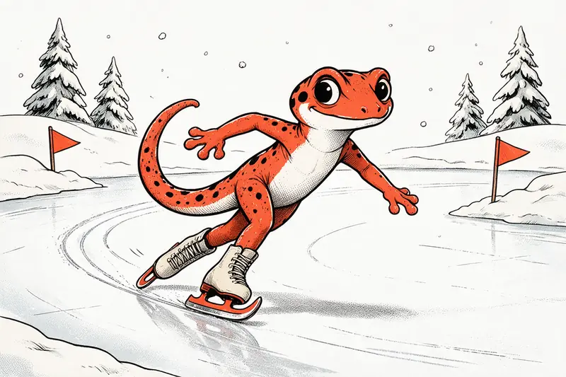 Le Gecko patine sur une patinoire gelée, bottines ivoire et lames orange, en virage avec des traces de glisse, entre sapins enneigés et fanions.