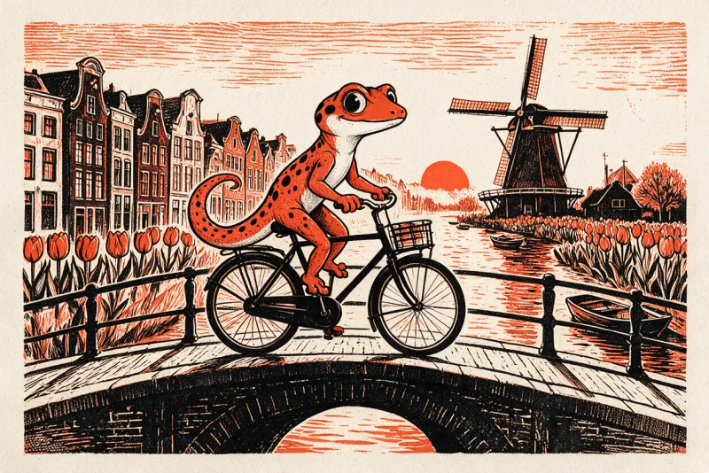 Le Gecko pédale à vélo sur un pont de brique au-dessus d'un canal néerlandais, entre maisons à pignons, moulin à vent et champs de tulipes, dessin à l'encre orange et noire.