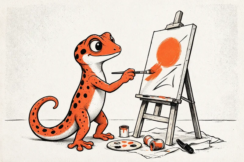 Le Gecko peint une toile sur un chevalet, entouré d’une palette, de pots de peinture et d’un rouleau, dessinés à l’encre noire et orange.