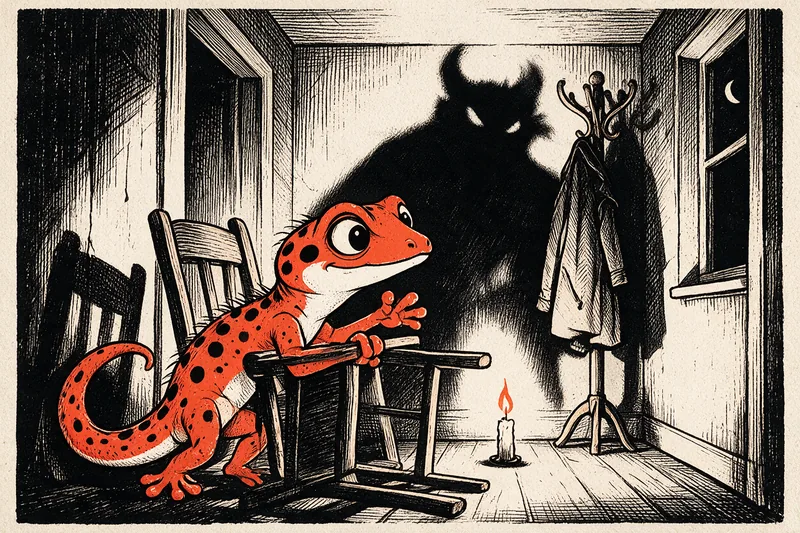 Illustration linogravure : un gecko effrayé, poils hérissés, caché derrière une chaise renversée face à l’ombre menaçante d’un manteau suspendu, à la lueur d’une bougie