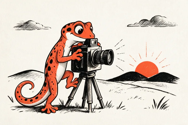Un gecko orange tacheté photographie un lever de soleil derrière deux collines noires, l’œil au viseur d’un appareil posé sur un trépied, dessin à l’encre noire et orange.