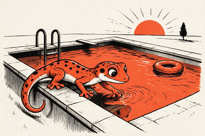 Illustration linogravure : un gecko au bord d’une piscine, une patte trempant dans l’eau orange, avec échelle, plongeoir et bouée sous un soleil rayonnant
