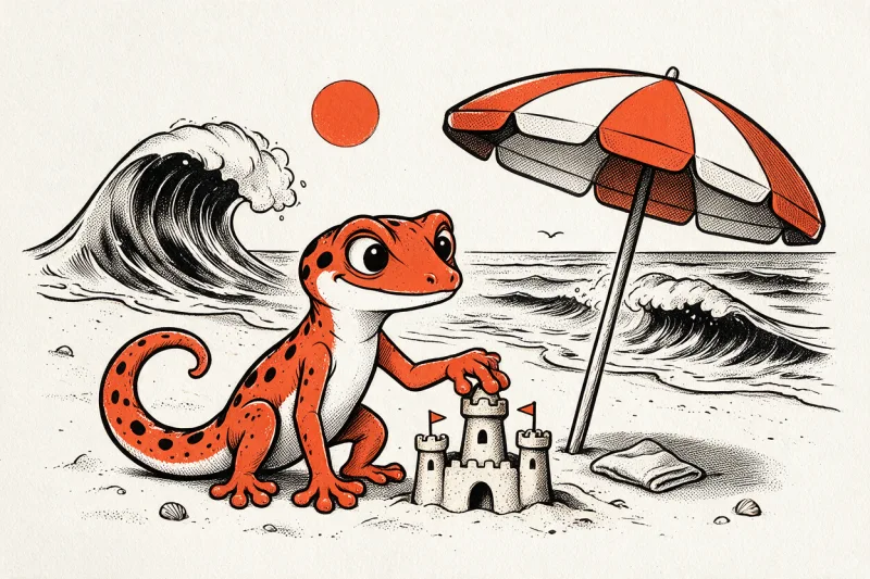 Le Gecko patte un château de sable sous un parasol orange, entre des vagues tramées, un soleil rond, des coquillages et une mouette.