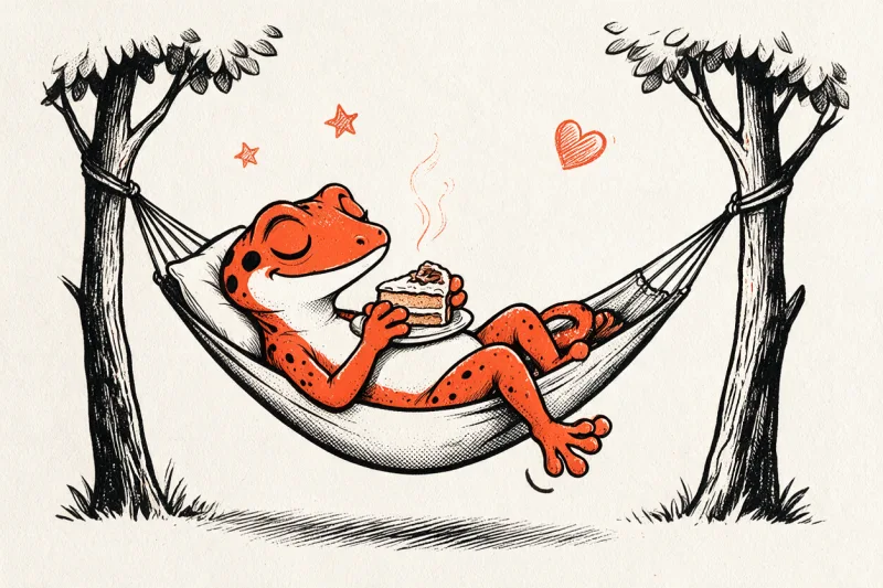 Le Gecko allongé dans un hamac savoure une part de gâteau, les yeux fermés, sous des étoiles et un cœur, dessin à l’encre noire et orange.