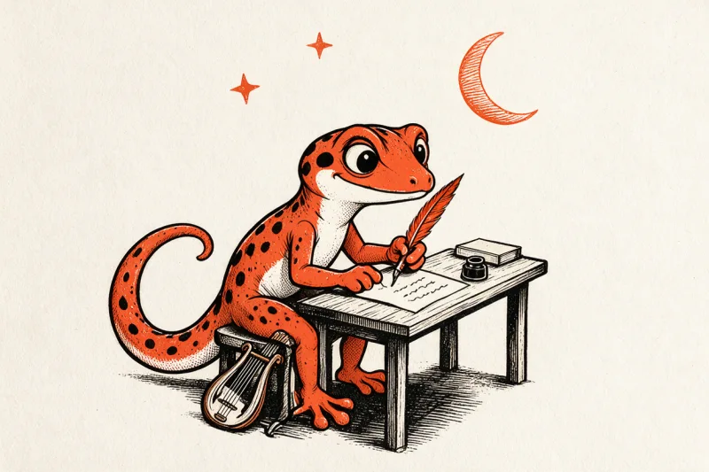 Le Gecko poète, plume orange à la main, écrit des vers ondulés sur une feuille posée sur un bureau en bois avec encrier et livre, une lyre appuyée contre le tabouret, sous un croissant de lune et deux étoiles, dessin à l’encre noire et orange sur papier ivoire.