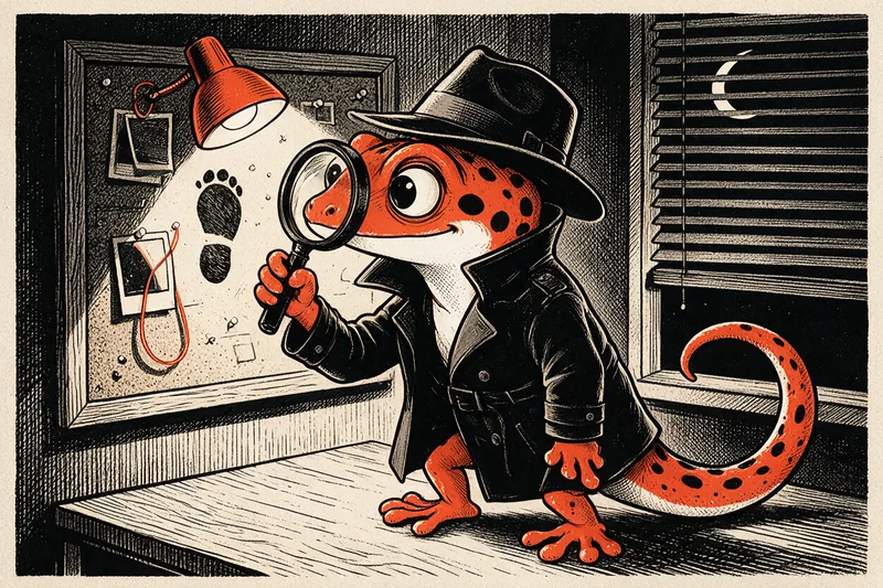 Illustration dans le style Refbax : un gecko détective en manteau et chapeau examine une empreinte à la loupe devant un mur d’enquête éclairé par une lampe, la nuit.