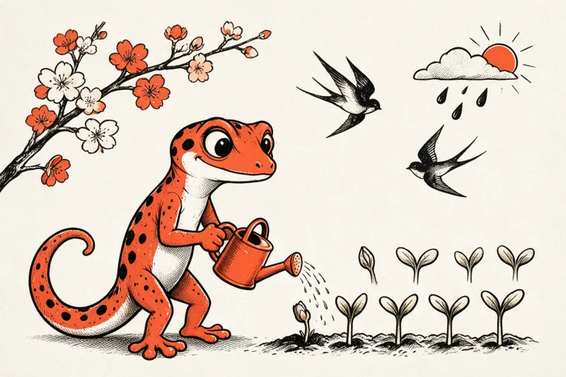 Le Gecko arrose avec un arrosoir orange une rangée de jeunes pousses dans un jardin, une branche de cerisier en fleurs à gauche, deux hirondelles en vol et un soleil traversé par un petit nuage de giboulées, dessin à l’encre noire et orange sur papier ivoire.