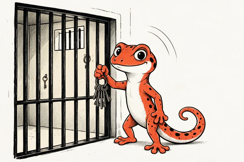 Le Gecko tient un trousseau de clés devant une porte de cellule à barreaux, dessiné à l’encre noire et orange.