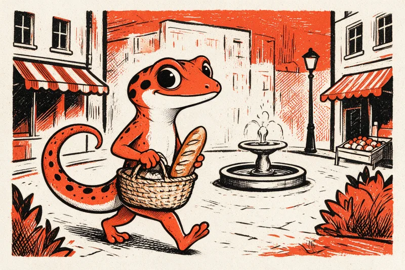 Le Gecko traverse une petite place de quartier avec son panier et sa baguette, entre des immeubles à auvents rayés, un lampadaire, un stand de marché et une fontaine centrale.