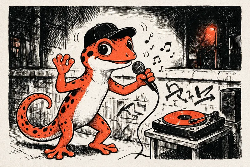 Le Gecko, casquette noire sur la tête, tient un micro devant une platine vinyle au disque orange et une enceinte, devant un mur de briques couvert de graffitis ; dessin à l’encre noire et orange sur fond ivoire.