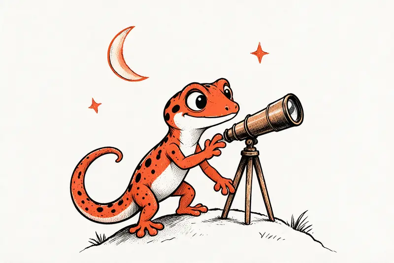 Le Gecko regarde au loin à travers une longue-vue posée sur un trépied, sous un croissant de lune et des étoiles orange, dessiné à l’encre noire et orange.
