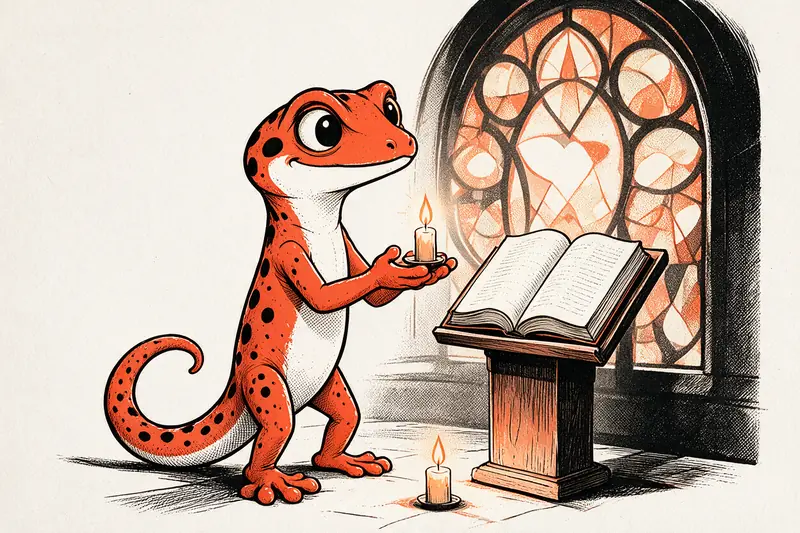 Le Gecko tient une bougie allumée devant un pupitre à livre ouvert et une rosace de vitrail, dessinés à l’encre noire et orange.