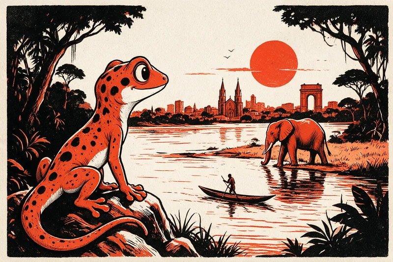 Le Gecko assis sur un rocher au bord de l'Oubangui regarde une pirogue menée par un piroguier debout pendant qu'un éléphant de forêt boit au bord de l'eau ; en face se dressent la cathédrale à deux flèches et une arche monumentale évoquant Bangui, entre savane et forêt équatoriale, sous un grand soleil orange, dessiné à l'encre noire et orange.