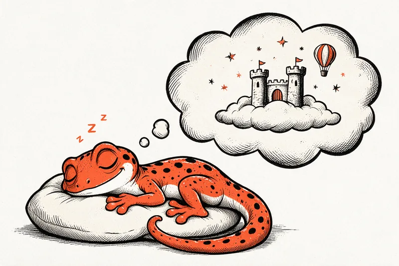 Le Gecko endormi en boule sur un coussin, des Z oranges au-dessus de sa tête et une grande bulle de songe où flotte un château posé sur un nuage, entouré d’étoiles et d’une montgolfière.
