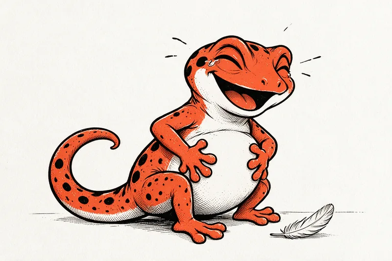 Le Gecko assis par terre se tord de rire, les pattes autour du ventre, une larme de rire à l’œil, à côté d’une plume posée au sol, dessiné à l’encre noire et orange.