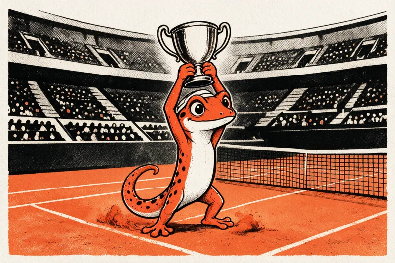 Un gecko orange tacheté de noir, bandeau ivoire sur la tête, soulève une coupe de champion à deux anses au centre d'un court de terre battue orange, avec des tribunes de spectateurs en fond, dessiné à l'encre noire et orange sur papier ivoire.