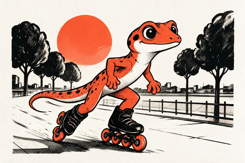 Gecko Refbax en rollers à roues alignées glissant le long d’une promenade urbaine, soleil orange et rail noir en arrière-plan
