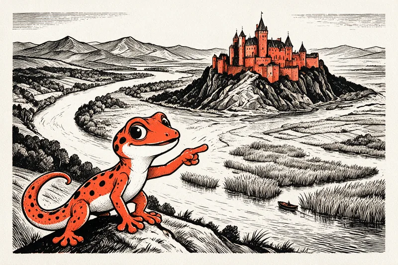 Le Gecko, patte tendue, montre la vallée du Danube, son delta aux roseaux et un château transylvanien perché sur son rocher, dessinés à l’encre noire et orange.