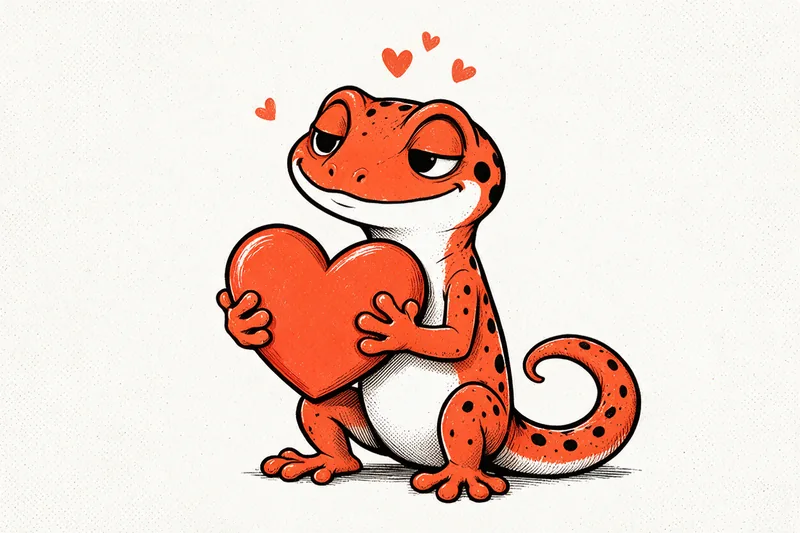 Un gecko orange tacheté de noir, ventre ivoire, assis au sol, serre tendrement contre sa poitrine un grand cœur orange avec ses deux pattes avant, les yeux mi-clos et un sourire paisible ; trois petits cœurs flottent au-dessus de sa tête, sa queue enroulée à ses pieds, dessiné à l'encre noire et orange sur papier ivoire.