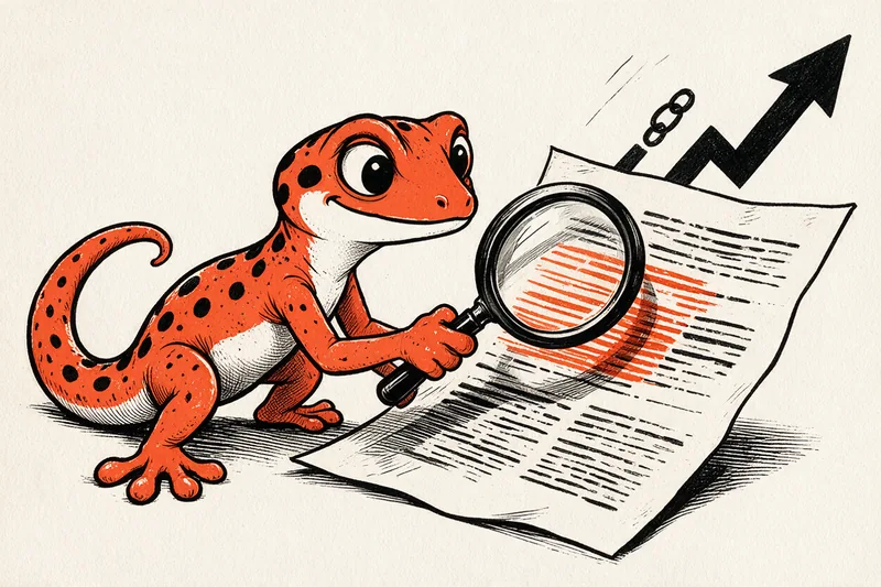 Gecko orange muni d’une loupe examinant une grande page de texte, une flèche montante et deux maillons de chaîne derrière lui