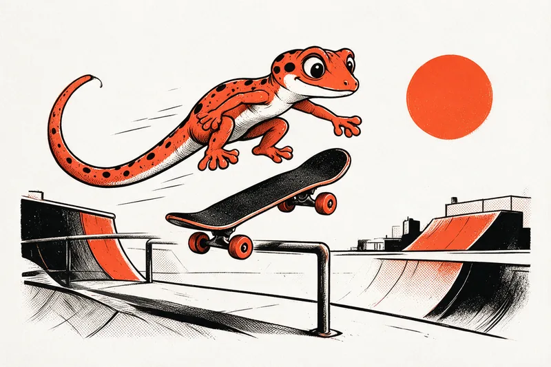 Le Gecko en plein ollie au-dessus d’un rail de skatepark, sa planche au grip noir inclinée sous ses pattes, rampe et bowl orange en fond, dessiné à l’encre noire et orange sur fond ivoire.