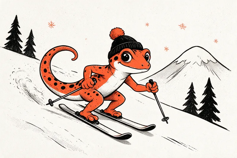 Le Gecko, bonnet noir à pompon orange, descend une pente enneigée en ski, bâtons en main, gerbe de poudreuse derrière les skis, sapins et sommet enneigé derrière lui, dessin à l’encre noire et orange.