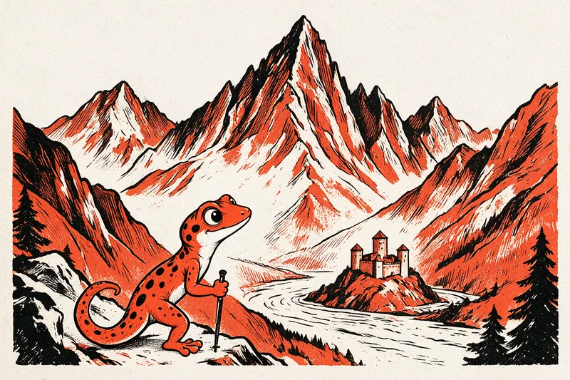 Le Gecko randonneur avec son bâton de marche domine la vallée du Danube : sommets enneigés des Tatras hachurés d'orange et de noir, rivière en bandes d'ondulation et château à tours sur son rocher, dessinés en linogravure bicolore.