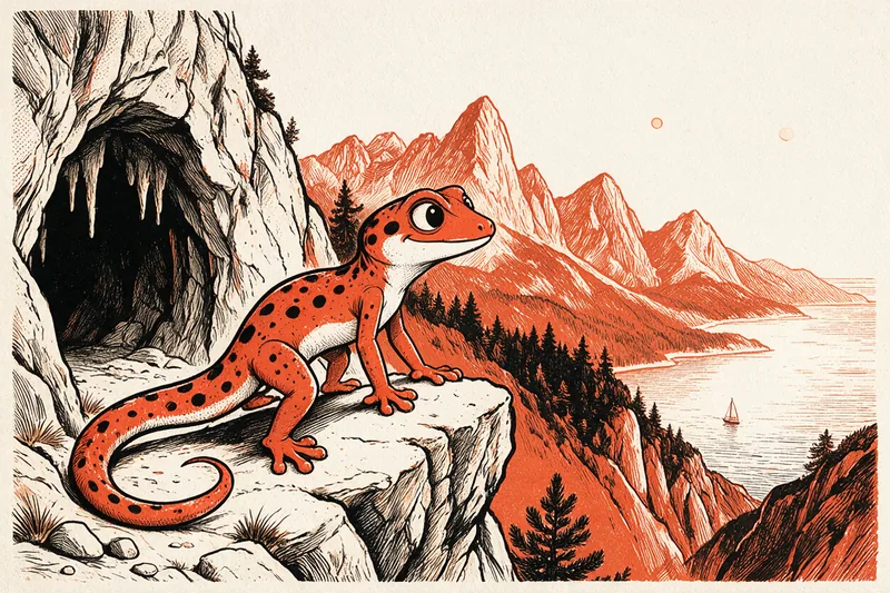Le Gecko, posé sur un rocher devant une grotte, regarde les sommets alpins, la forêt et la mer Adriatique, dessinés à l’encre noire et orange.