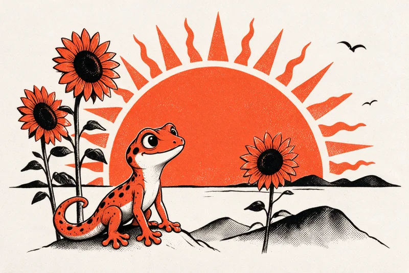 Le gecko assis sur une colline contemple un grand soleil rayonnant qui se lève sur l’horizon, entouré de trois tournesols et de collines en trame, dessin linogravure noir et orange sur papier ivoire.
