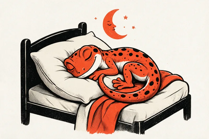 Le gecko endormi, lové sur un gros oreiller dans son lit, sous un croissant de lune orange et quelques étoiles.