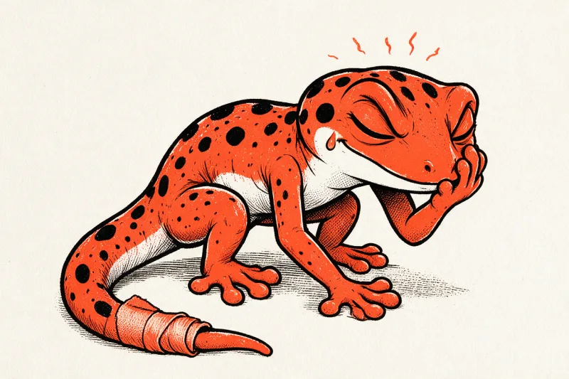 Le gecko grimace, une main contre sa joue et une larme orange, la queue pansée d'un bandage, sous quelques étincelles de douleur.