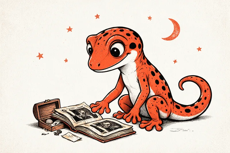 Un gecko orange tacheté de noir, ventre ivoire, penché sur un vieil album photo ouvert, une petite boîte à souvenirs égrainant un coquillage, une clé et une lettre pliée à côté, sous une lune orange en croissant et quelques étoiles, dessiné à l'encre noire et orange sur papier ivoire.