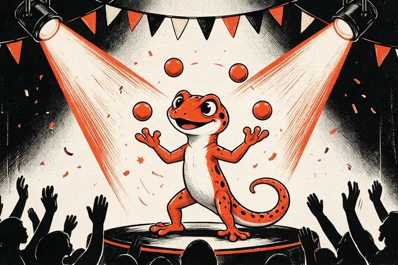 Le Gecko jongleur au centre d'une scène de spectacle sous deux faisceaux de projecteurs croisés, guirlande de fanions, confettis et étoiles, devant un public en silhouettes debout bras levés, dessin à l'encre noir et orange sur fond ivoire.