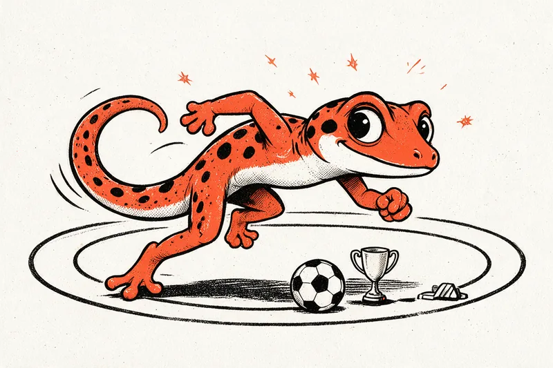 Un gecko orange tacheté de noir, ventre ivoire, en pleine foulée sur une piste ovale d'athlétisme, un ballon de football, une coupe victorieuse et des blocs de départ au premier plan, sous de petites étoiles orange, dessiné à l'encre noire et orange sur papier ivoire.