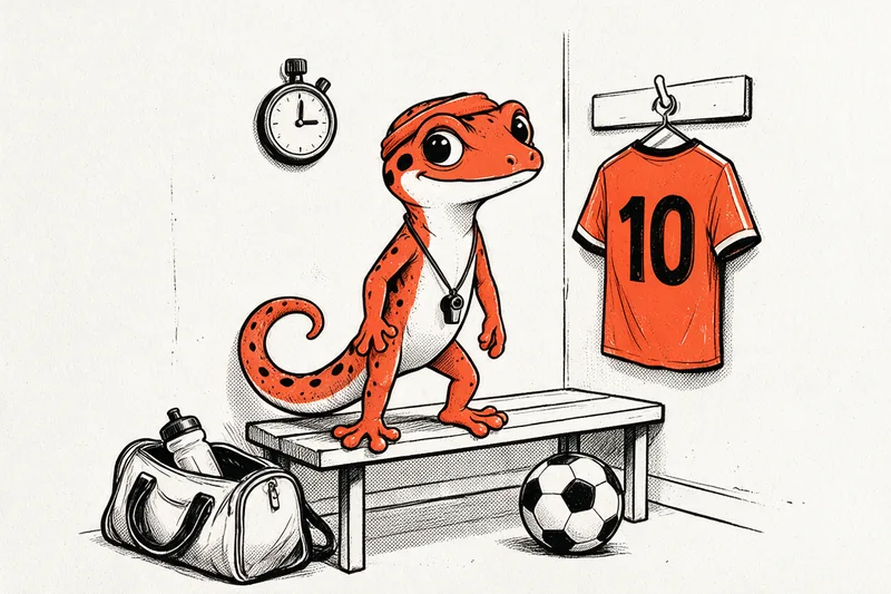 Le Gecko sportif, bandeau orange sur la tête, debout sur un banc de vestiaire avec son sifflet, son sac de sport, un ballon, un chronomètre et son maillot numéro 10 suspendu, dessinés à l'encre noire et orange.