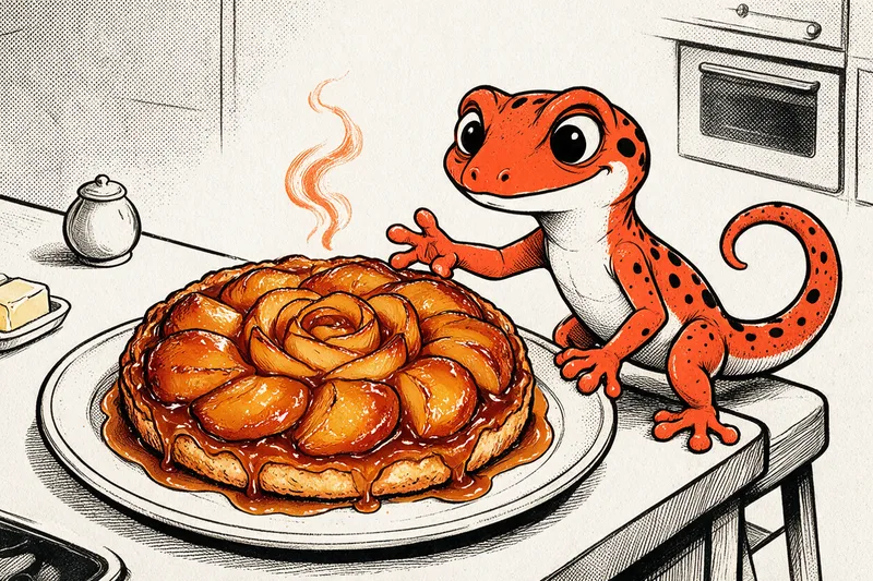 Le Gecko présente une tarte Tatin caramélisée sur un plat de cuisine, dessin à l’encre noire et orange.