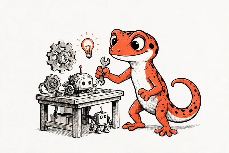 Le Gecko tient une clé à molette au-dessus d'une machine à engrenages posée sur un établi d'inventeur ; engrenages, ampoule allumée et robot miniature l'entourent, dessinés à l'encre noire et orange.