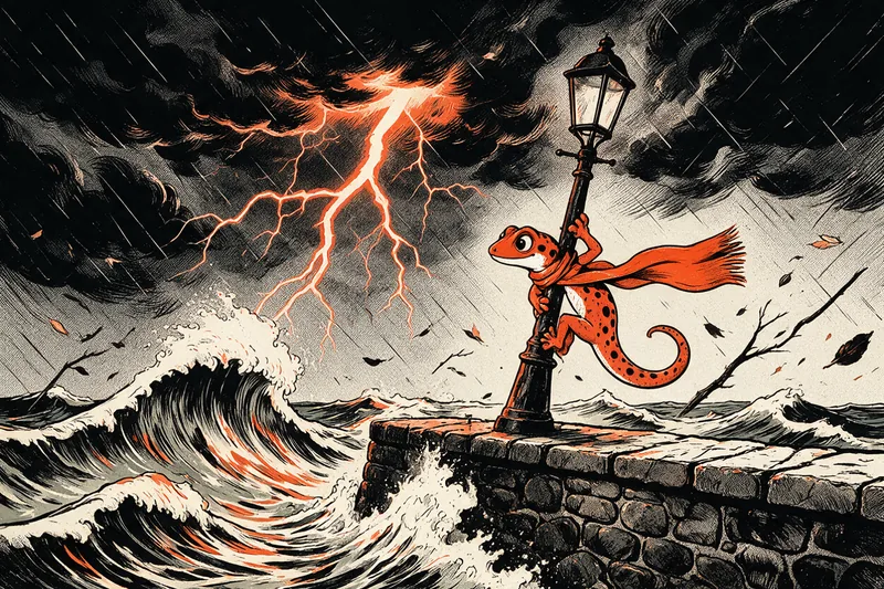 Le Gecko, écharpe orange au vent, agrippé à un lampadaire sur une jetée pendant une tempête : éclair orange dans un ciel d’encre, vague déferlante et feuilles emportées par la rafale.