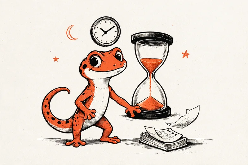 Le Gecko appuie une patte sur un grand sablier devant une horloge ronde et un calendrier dont une feuille s'envole, dessinés à l'encre noire et orange.