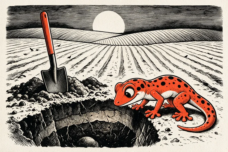 Le Gecko inspecte une coupe de sol aux strates visibles, près d’une bêche plantée dans une motte de terre, champs labourés à l’horizon.