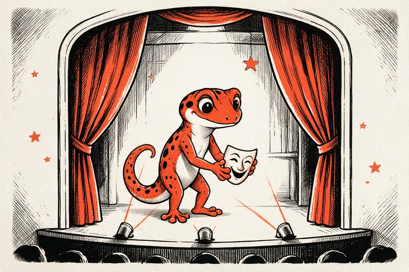 Le Gecko salue au centre d'une scène de théâtre en tenant un masque de comédie, entre deux rideaux orange et noir, avec une rampe de projecteurs et le public en silhouettes, dessin à l'encre noir et orange.