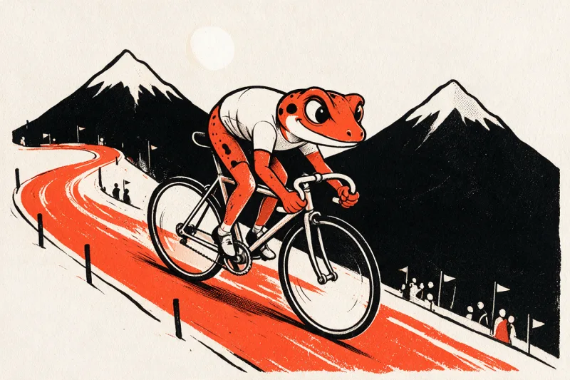 Un gecko orange tacheté de noir en maillot de leader ivoire, courbé sur un vélo de route, gravit une route de montagne orange en lacets entre deux sommets noirs aux crêtes ivoire, avec de petits spectateurs et des fanions au bord de la route, dessiné à l'encre noire et orange sur papier ivoire.