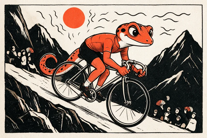 Un gecko orange tacheté de noir en maillot de leader rouge (rendu en orange de la palette), debout sur les pédales de son vélo de route, gravit une route très raide d'un col espagnol entre des sommets noirs aux crêtes ivoire, sous un soleil entouré de lignes de chaleur, avec des spectateurs tenant des éventails au bord de la route, dessiné à l'encre noire et orange sur papier ivoire.