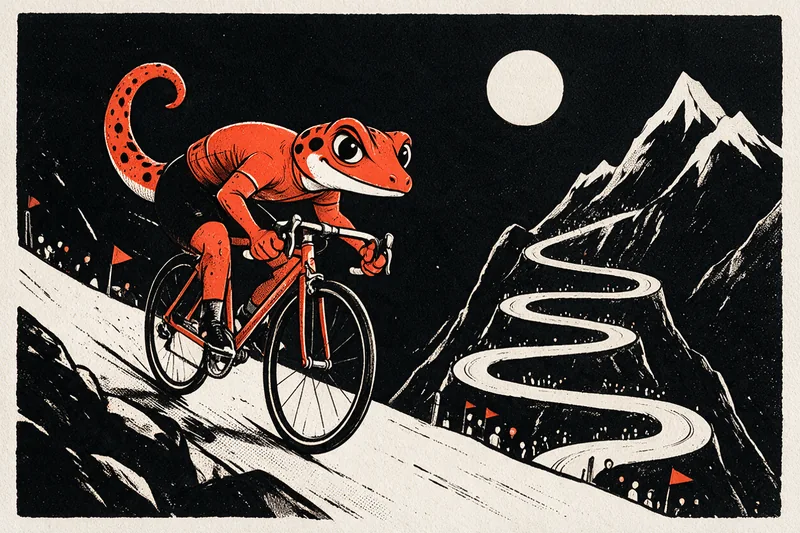 Sur une route de col en lacets, le gecko Refbax, maillot de leader orange sur le dos, grimpe courbé sur son vélo de route ; derrière lui, des sommets à crêtes enneigées et des spectateurs agitant des fanions triangulaires.