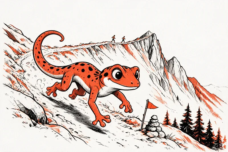Le Gecko court en pleine montée sur un sentier de montagne jalonné d'un cairn et d'un fanion orange ; deux coureurs suivent la crête vers un sommet.