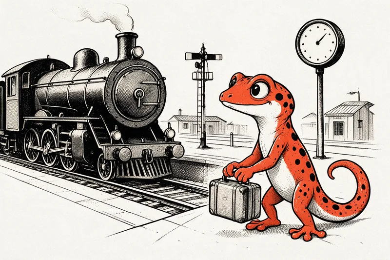 Le Gecko attend sur le quai avec une valise pendant qu’une locomotive à vapeur arrive en gare, dessinés à l’encre noire et orange.