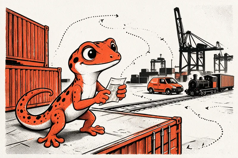 Illustration au style linogravure : un gecko orange tenant un billet de transport sur une plateforme de fret, entre des conteneurs orange, un utilitaire et une locomotive, avec des grues portuaires en arrière-plan.